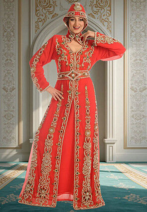 Hand Embroidered Georgette Moroccan Abaya in Red