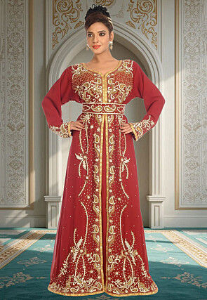 Hand Embroidered Georgette Moroccan Abaya in Red