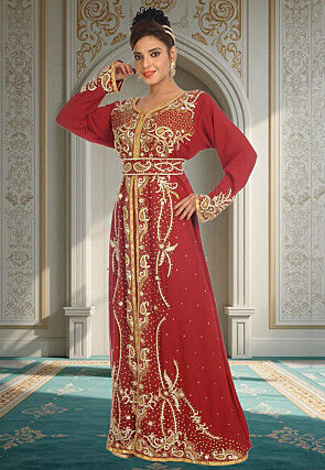 Hand Embroidered Georgette Moroccan Abaya in Red