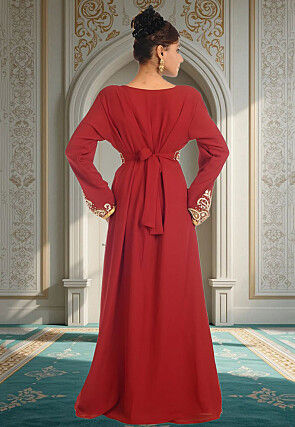 Hand Embroidered Georgette Moroccan Abaya in Red