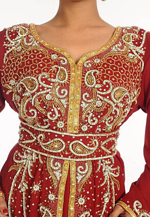 Hand Embroidered Georgette Moroccan Abaya in Red
