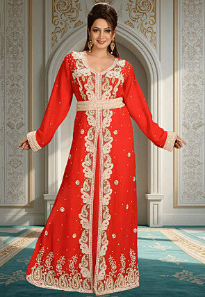 Hand Embroidered Georgette Moroccan Abaya in Red
