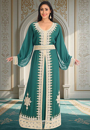 Hand Embroidered Georgette Moroccan Abaya in Teal Blue