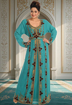 Hand Embroidered Georgette Moroccan Abaya in Teal Blue