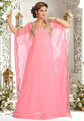 Hand Embroidered Georgette Moroccan Kaftan in Baby Pink