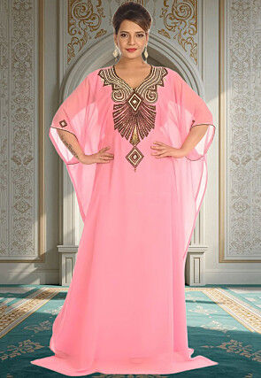 Hand Embroidered Georgette Moroccan Kaftan in Baby Pink