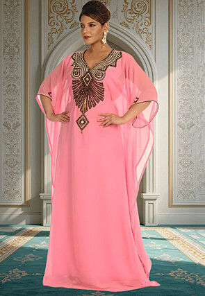 Hand Embroidered Georgette Moroccan Kaftan in Baby Pink