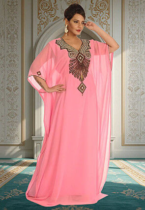 Hand Embroidered Georgette Moroccan Kaftan in Baby Pink