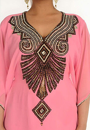 Hand Embroidered Georgette Moroccan Kaftan in Baby Pink