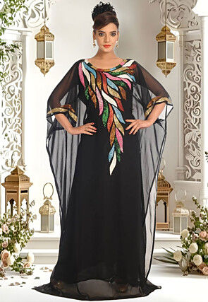 Hand Embroidered Georgette Moroccan Kaftan in Black