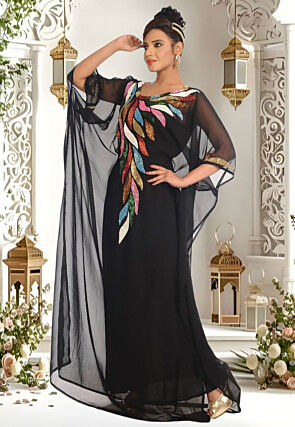 Hand Embroidered Georgette Moroccan Kaftan in Black
