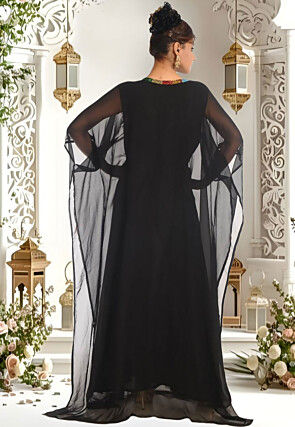 Hand Embroidered Georgette Moroccan Kaftan in Black