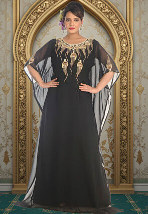 Hand Embroidered Georgette Moroccan Kaftan in Black