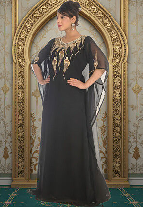Hand Embroidered Georgette Moroccan Kaftan in Black