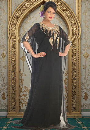 Hand Embroidered Georgette Moroccan Kaftan in Black