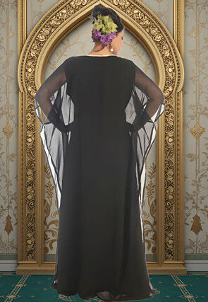 Hand Embroidered Georgette Moroccan Kaftan in Black