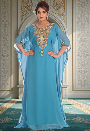 Hand Embroidered Georgette Moroccan Kaftan in Blue