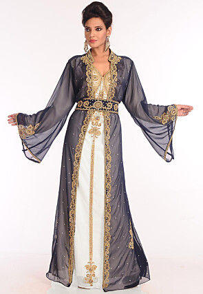 Hand Embroidered Georgette Moroccan Kaftan in Cream and Blue