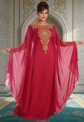Hand Embroidered Georgette Moroccan Kaftan in Fuchsia
