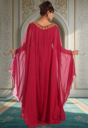 Hand Embroidered Georgette Moroccan Kaftan in Fuchsia