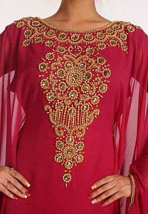 Hand Embroidered Georgette Moroccan Kaftan in Fuchsia