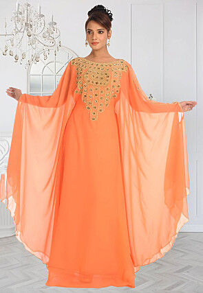 Hand Embroidered Georgette Moroccan Kaftan in Light Orange