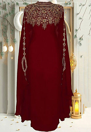 Hand Embroidered Georgette Moroccan Kaftan in Maroon