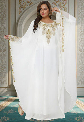 Hand Embroidered Georgette Moroccan Kaftan in Off White