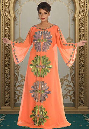 Hand Embroidered Georgette Moroccan Kaftan in Orange