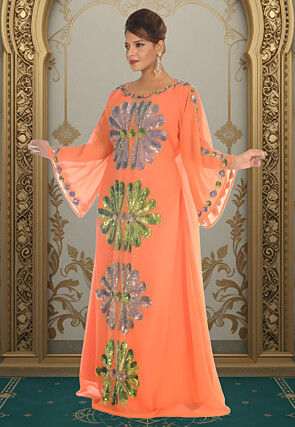 Hand Embroidered Georgette Moroccan Kaftan in Orange