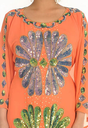 Hand Embroidered Georgette Moroccan Kaftan in Orange