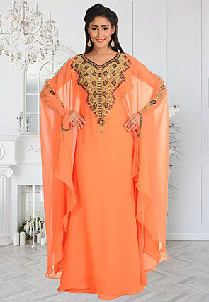 Hand Embroidered Georgette Moroccan Kaftan in Peach