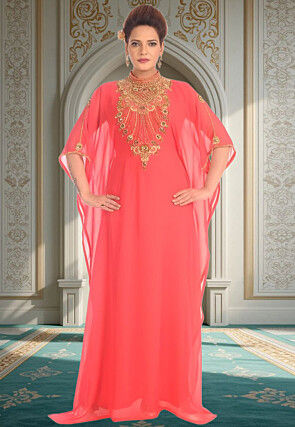 Hand Embroidered Georgette Moroccan Kaftan in Peach