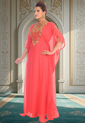 Hand Embroidered Georgette Moroccan Kaftan in Peach