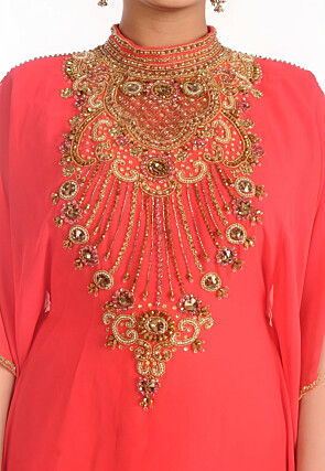 Hand Embroidered Georgette Moroccan Kaftan in Peach