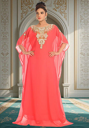 Hand Embroidered Georgette Moroccan Kaftan in Peach