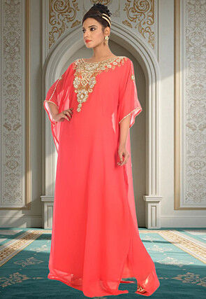 Hand Embroidered Georgette Moroccan Kaftan in Peach