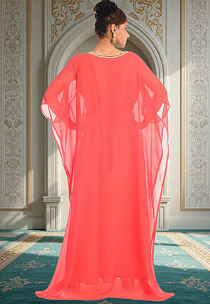 Hand Embroidered Georgette Moroccan Kaftan in Peach