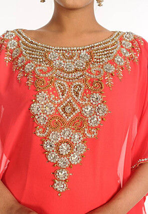 Hand Embroidered Georgette Moroccan Kaftan in Peach