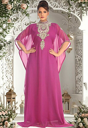 Hand Embroidered Georgette Moroccan Kaftan in Pink