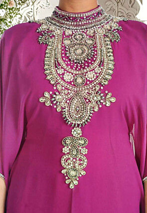 Hand Embroidered Georgette Moroccan Kaftan in Pink