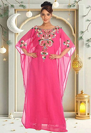 Hand Embroidered Georgette Moroccan Kaftan in Pink