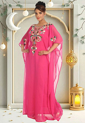 Hand Embroidered Georgette Moroccan Kaftan in Pink
