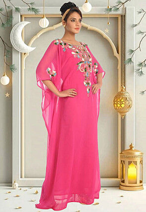 Hand Embroidered Georgette Moroccan Kaftan in Pink