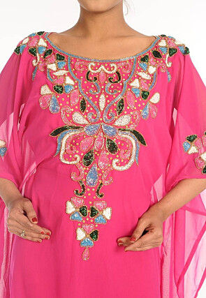 Hand Embroidered Georgette Moroccan Kaftan in Pink