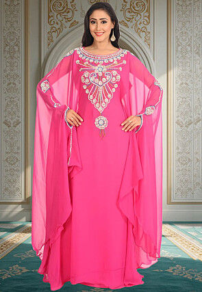 Hand Embroidered Georgette Moroccan Kaftan in Pink