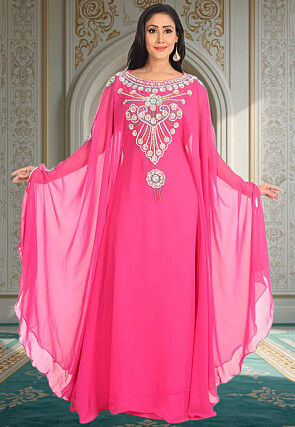 Hand Embroidered Georgette Moroccan Kaftan in Pink