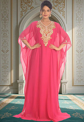 Hand Embroidered Georgette Moroccan Kaftan in Pink
