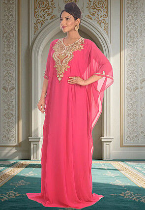 Hand Embroidered Georgette Moroccan Kaftan in Pink