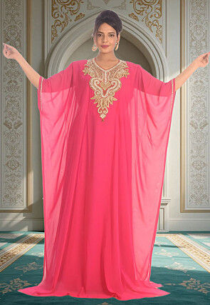 Hand Embroidered Georgette Moroccan Kaftan in Pink